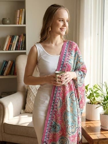 Image of KE KANHA EXPORT Women Scarf|Stole For Women|Scarf For Women Stylish|Stall For Women|Border Print Face Cover Head Wrap|Boho|Beach|Multicolor|180x50cm|Pack Of 1|FREE Scrunchie Included
