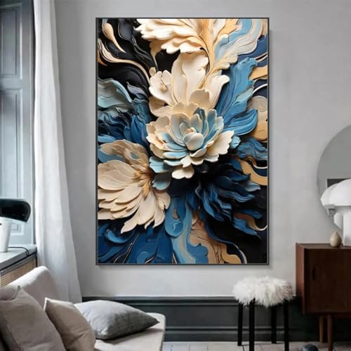 Toile abstraite bleu et blanc vagues de fleurs décoration salon 70x100cm