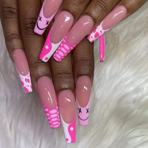 Press On Nails Long Coffin Fake Nails Glossy Pink Graffiti Press On False Nails Acrylic Stick Glue on Nails for Women Artificial Fake Nails with Design DIY Full Cover Manicure Tips 24PCS