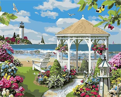 Diy Paint By Number For Adults Beginners - Number Painting Kit 16" X 20" Unframed Rolled Canvas Include 4 Paintbrushes, Acrylic Pigments. Premium Number Art. Garden By The Beach #TOP2