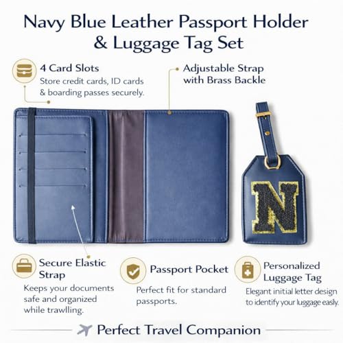 Image of PPOSH.Forever Passport Cover & Bag Tag Combo | Personalized Initial Alphabet Custom A-Z Name Initial | Fits Standard Passports | Travel GiftIdeal Travel Gift for Women, Girls & Couples (Navy Blue)