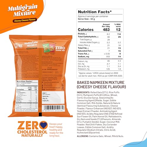 Image of Fit & Flex Baked Multigrain Lemony Mint, Tangy Tomato & Cheesy Cheese Namkeen Mixture, Healthy Snacks With Zero Cholesterol, Tasty Party Snacks - As Seen on Shark Tank India - 100 g (Pack of 6)