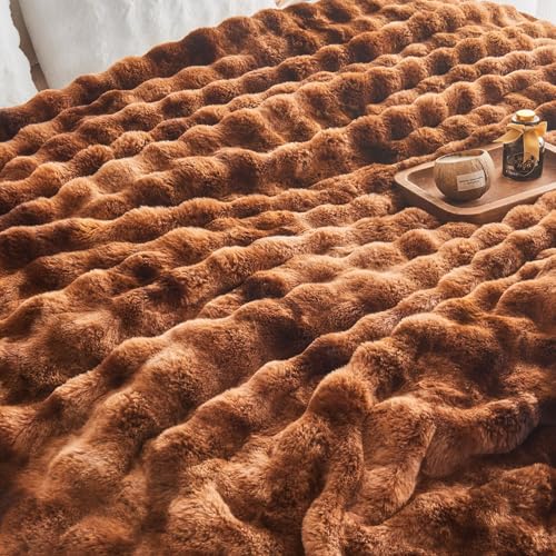 Image of EMME Faux Fur Blanket King Size Tie Dye Dark Brown - Big Bubble Rabbit Cozy Blanket for Couch, Thick Furry Plush Shaggy Blankets, 650GSM, 108x90 Inches