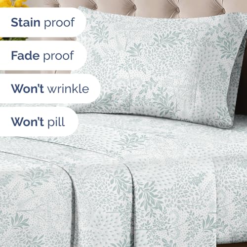 Image of Twin 3 Piece Floral Sheet Set - Soft, Breathable & Cooling - Gray Ferns | 1 Flat, 1 Fitted & 1 Pillowcase w / Deep Pockets, Boho Botanical Floral Bedding, Breathable & Cooling, Wrinkle & Fade Free