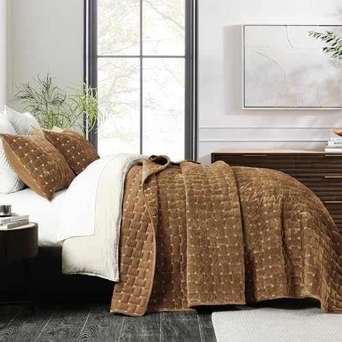 Image of Grassix Velvet Quilt Set Queen Size, Luxury Geometric Design, Gold Caramel