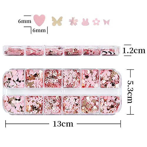 Dornail 12 Grids Gold Pink Flower Nail Glitter Sequins 3D Cherry Blossoms Butterfly Nail Sequin Flakes Rabbit Heart Nail Charm Nail Accessories For Diy Nail Decorations Nail Art Supplies #TOP1