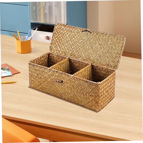 Cesta de junco marino con tapa de 33x13x10 cm rectangular de 3 secciones 6