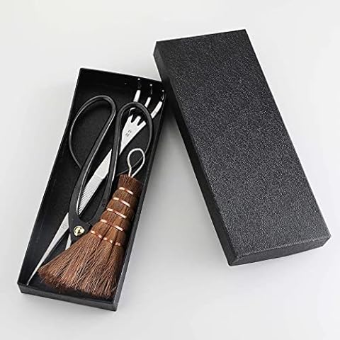 Wazakura Japanese Bonsai Garden 3PCS Tool Starter Kit, Made in Japan, Ashinaga Bonsai Scissors, Stainless Tweezers with Rake, Chinese Broom. Beginner Set with Shears, Tweezers and Soil Brush Cover