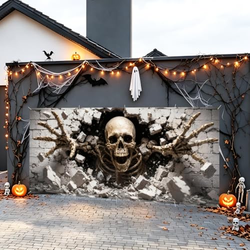 Image of Halloween Garage Door Banner Cover, 3D Skeleton Decor, 7x16 Ft