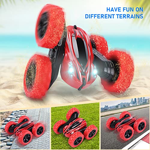 2 Pack Remote Control Car Rc Stunt Car For Kids, Acekid 2.4 Ghz 4Wd Double Sided 360°Rotating Rc Trucks With Headlights, Fast Rc Cars For Boys Age 8-12 Birthday Gift , Blue+Red (4 Batteries) #TOP3