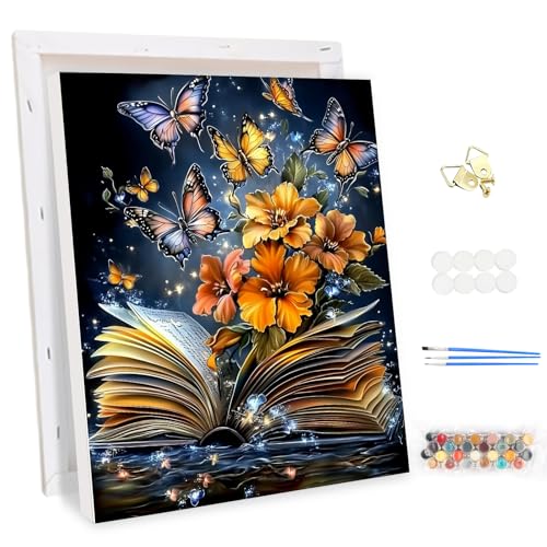 MEIYUDA Pintar por Numeros Adultos con Marco Flores Mariposa, DIY Pintura por Numeros Kit Manualidades, Cuadros por Numeros, Decoración para el Hogar Regalo de pared 30x40cm