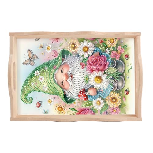 Image of AiYuanzsh DIY Diamond Tray Diamond Art Painting Plate Creative Design Handmade Wooden Tray Mosaic Making Kits by Number Kits Diamond Art for Coffee Living Room Home Organizer (Green Gnome)