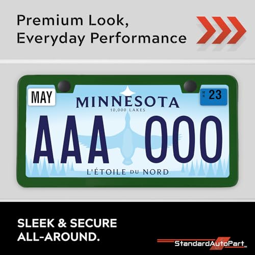 Image of Premium Slim Green License Plate Frames - 2 Pack, Rust-Free Stainless Steel & Rattle-Free, Street Legal, Universal with Screw Caps, Thin Metal Front & Rear Car Tag Holders Unisex