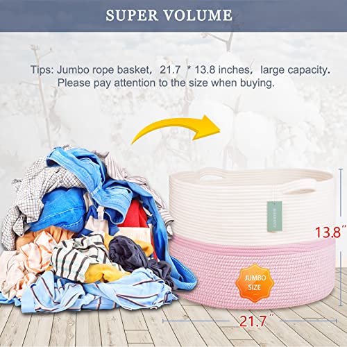 Image of Cotton Rope Basket for Girls Kids, 87L Laundry Hamper, White & Pink