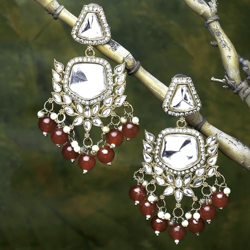 Gold-Plated Kundan & Pearls Mirror Drop Earrings