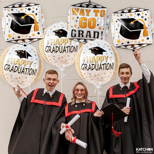Image of Graduation Decorations 2026 | Graduation Balloons - Pack of 6 | Black and Gold Mylar Foil Balloons for Grad Decorations Class of 2026 | Graduation Party Supplies with Graduation Cap Balloon, KatchOn
