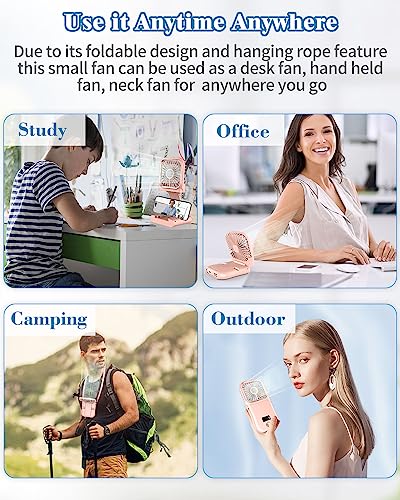 Hand Held Fan Rechargeable,Mini Fan Portable Fan Battery Powered Fan with 3 Speed, Table Fan Small Desk Fan, Cordless Personal Fan, 180°Folding Hand Fan Summer Gifts for Women Girls Kids Pink