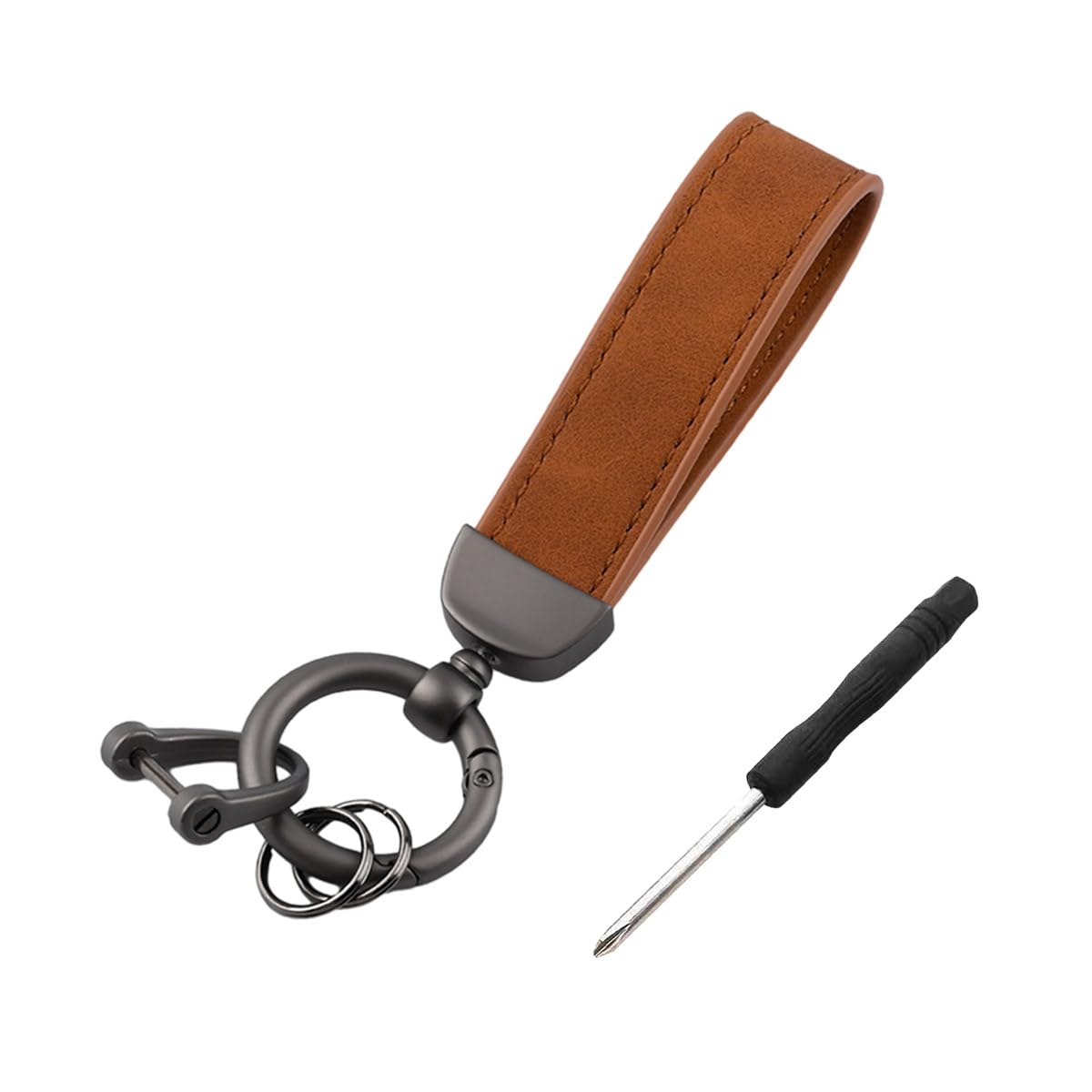 Kewucn Genuine Leather Car Keychain, Universal Heavy Duty Metal Auto Key Fob Holder with Anti Lost D-Ring for Men Women (Black-Brown)