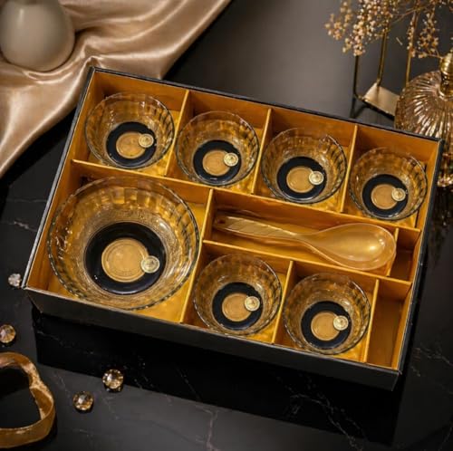 Image of Nazrana Glass Pudding Set, Clear with Gold Design, 8 Piece, 6 Small Bowls, 1 Large Bowl & 1 Serving Spoon, Gift Box