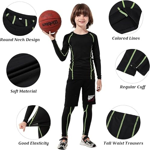 American Trends Youth Kids Boys Girls Compression Shirt And Pant Long Sleeve Base Layer Set Athletic Football Baseball Basketball Tights Quick Dry Baselayer Black Line Set Medium thumb #2