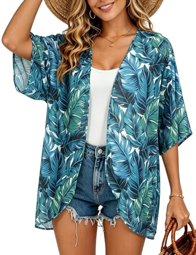 Image of FINOCEANS Womens Floral Chiffon Kimono Cardigans Loose Beach Cover Up Half Sleeve Tops