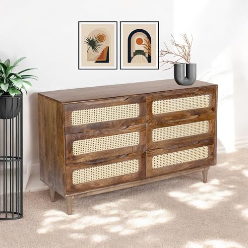 Image of Solid Wood Atlanta Chest of Drawer | Dresser with 6 Drawers | Wooden Chest of Darwers | Chest of Drawers with Cane /Rattan | Finish- Tubaq