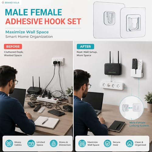 Image of BRAND VILLA Self Adhesive Male Female Wall Mount Holder for WiFi Router Remote Control Extension Board | No Drill Double Sided Sticky Wall Hook | Heavy Duty Transparent Bracket | Pack of 10