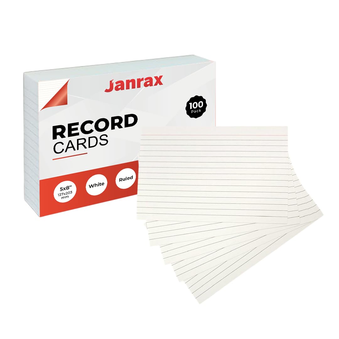 Pack of 100 White Ruled 8x5 Record Cards – Lined Study Index Cards for Notes, Revision