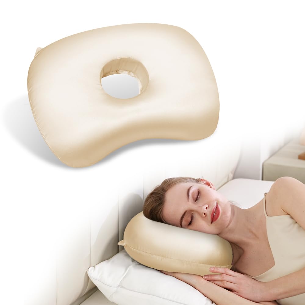 Swaycy Ear Piercing Hole Pillows Side Sleeper Pillow with an Ear Hole for CNH Side Sleepers and Ear Inflammation Pressure Sores, Adjustable Cotton and Polyester Curved Side Pillow, Champagne Silk