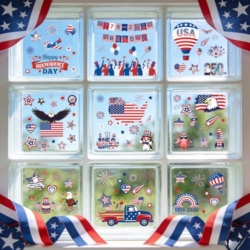 Image of 9 Sheets 4th of July Window Clings, Patriotic Red White and Blue Window Stickers with USA Flag, Eagle, Reusable Static Decals for 250th Anniversary Independence Day, Memorial Day