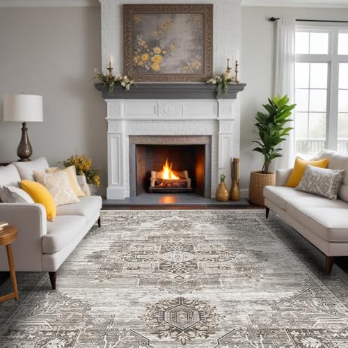 RUUGME Washable 9x12 Area Rugs - Large Rugs for Living Room Stain Resistant Carpet Vintage Rugs for Bedroom with Non Slip Backing Home Decor Floor Decoration Mat (9x12 Grey)