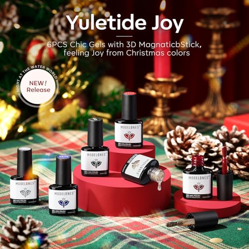 Image of modelones Christmas Gel Nail Polish Set, Winter Cat Eye Red Dark Green Blue Glitter Gold Silver Gel Polish Kit Soak Off Nail Art Manicure Home Gift for Women Girls