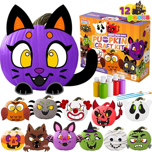 Klever Kits Halloween Craft Pumpkin Decorating Kit Arts Activities Party Supplies Party Favors for Kids Halloween Painting Kit with 12 Designs DIY Coloring Pumpkin Decor School Game