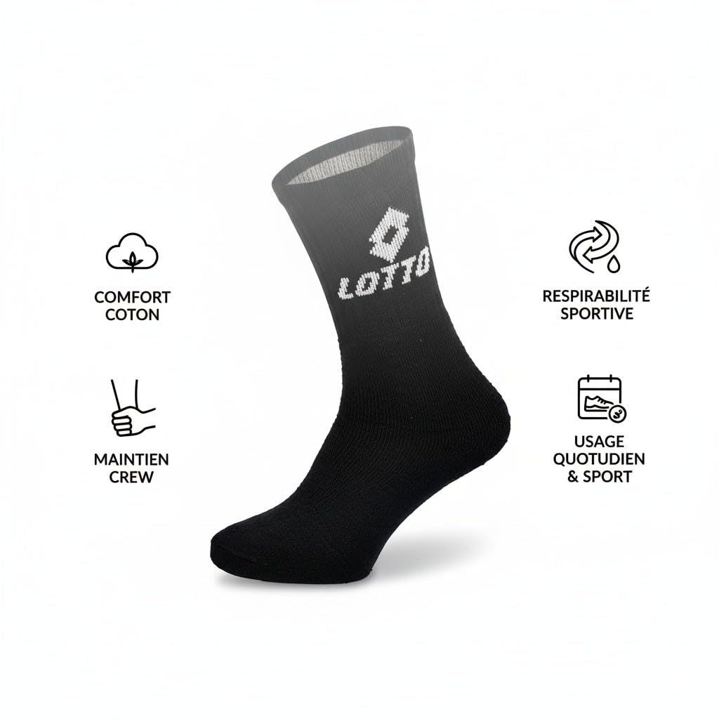 LOTTO – Pack économique 20+1 paires de chaussettes sport homme – Mi-mollet Crew – Coton respirant, maintien confortable, logo officiel