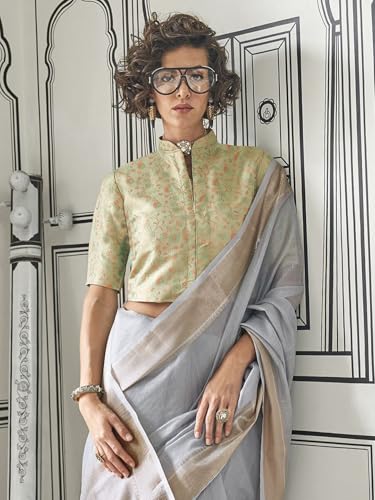 Image of MADHUHANSH Women's Cotton Linen Saree with Unstitched Blouse Piece and Solid Pattern | Mithila Painting Saree | Saree for Haldi Ceremony