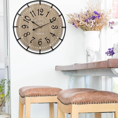 Secbeok 30 Inch Oversized Farmhouse Wall Clock, Metal Rustic Wood with Silent Quartz Movement, Easy Read Arabic Numerals, Battery Powered Decorative Wall Clock for Living Room Bedroom Kitchen Office