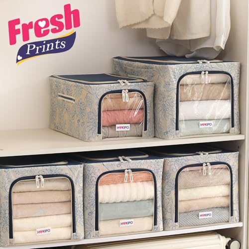 Image of HOKIPO Clothes Storage Box, 600D Oxford Fabric Organiser for Wardrobe, Blue Blossom - Large Pack of 2 (AR-6489-BLU*2)