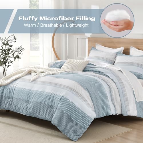 Litanika Light Blue Comforter Full Size Set, 3 Pieces Bedding Set, Blue White Colorblock Stripe (79x90In Comforter & 2 Pillowcases)