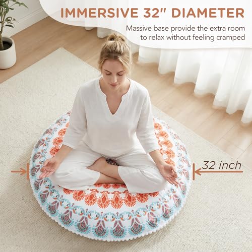Codi Meditation Floor Pillow, Round Large Pillows Seating for Adults, Bohemian Mandala Circle Cushion for Outdoor Fireplace Yoga Living Room, 32 Inch, Memory Foam Added, Coral