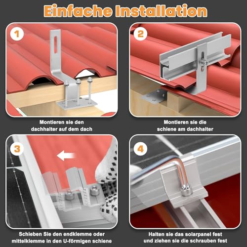 Solarmodul Halterung Ziegeldach Set Für 2 Module, Therlan Upgrade 200MM Aluprofil & Photovoltaik Dachhaken, Verstellbar Solar Halterung Anwendbar Solarmodule Dick 30-45mm, Solarpanel Halterung Set