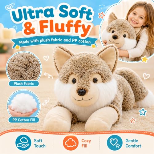 Image of BENINY 47 Inch Giant Wolf Stuffed Animal, Large Soft Wolf Plush Toy, Fluffy Stuffed Wolf Pillow for Kids, Birthday