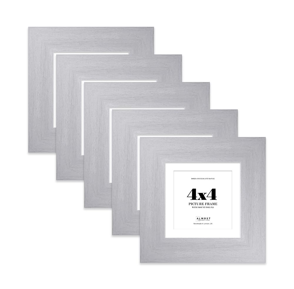 4x4" Silver Square Frame With Mount for 3x3" Pictures 28mm Edge Frame Display with Wall Hooks and Kickstand, 5 Pack