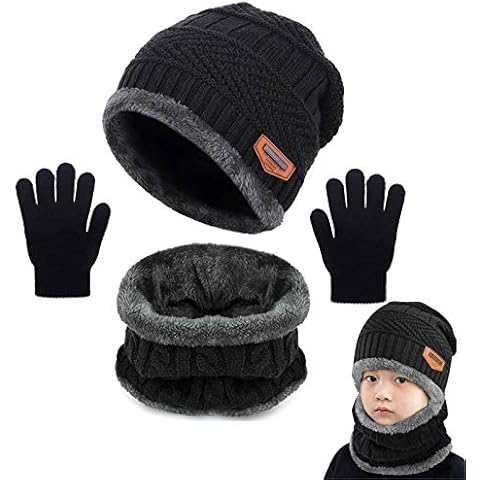 Yutdeng Warm Scarf Hat and Gloves Set for Boys Girls Winter Knitted Beanie Hat Fleece Lined Circle Scarf Kids Soft Thermal Neck Warmer Gift Outdoor Skiing 2-8 Years Old #1-Black Cover