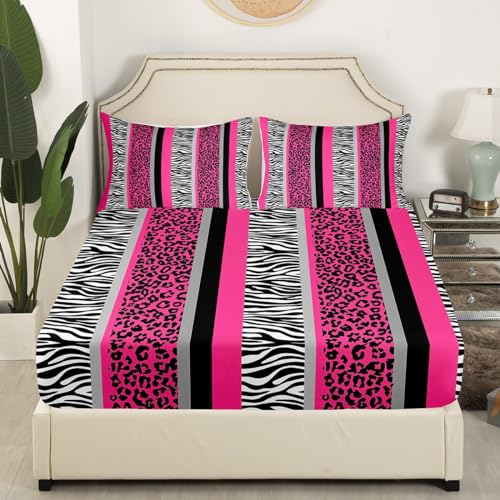 Pink Black White Zebra Bed Sheet Set Double Hot Pink Leopard Bedding Set for Kids Boys Girls Zebra Stripes Fitted Sheet Safari Animal Hair Bed Cover Bed Set 3Pcs (No TOP Sheet) - Image 3