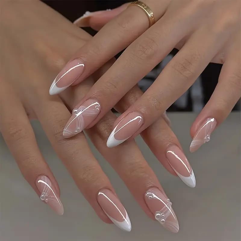 nakhi luxury stiletto press on nails | 24 pcs white french tip false nails with nude base | long coffin glossy artificial nails with glue tabs for women & girls