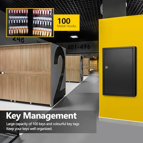 Image of SHANTRA Key Box Cabinet, Wall Mount 100 Position Metal Locking Key Cabinet Organizer - Key Storage Box with Key Tags, Adjustable Lockbox for Keys, Secure Holder for Home, Hotels, and Valets - Black