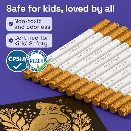 Image of ARTISTRO 12 Gold Dual-Tip Acrylic Paint Markers - Paint Pens Set with Dot & Fine Tips for Fabric, Rock, Glass, Wood, Coloring Books - Arts & Crafts Gift - Classroom Must Haves & School Supplies