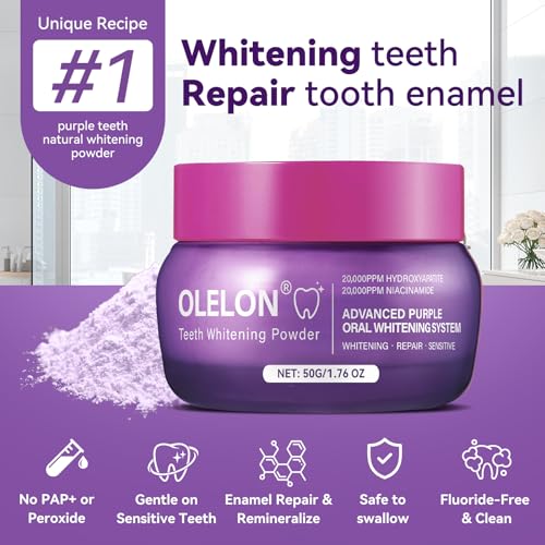 Image of Teeth Whitening Powder with 20,000ppm Hydroxyapatite & 20,000ppm Niacinamide, Purple Tooth Powder for Surface Stain Removal, Fresh Mint Flavor, 1.76 oz
