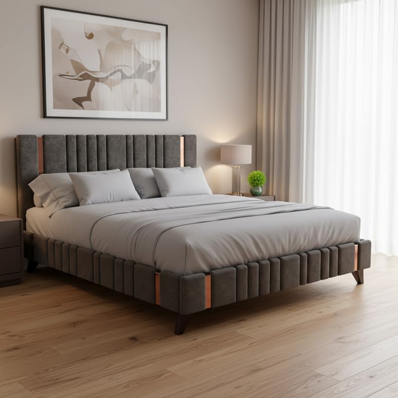 Amazon Brand - Solimo Wood Line Modern Upholstered King Size Bed with Frame | Platform Cot Wooden Double Bed Without Storage for Bedroom with Ideal...