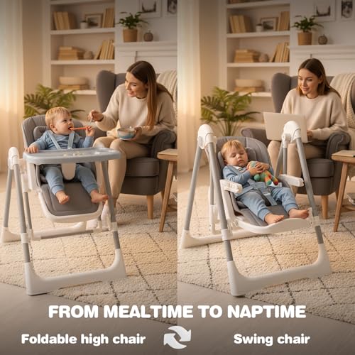 High Chairs for Babies and Toddlers Convert to Baby Swings Foldable High Chair Adjustable Convertible with Reclining Seat & Leg Rest, 3-in-1 with Tool-Free Assembly (Grey)